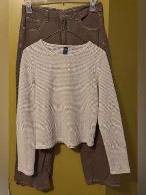 Bold Chunky Knit Cream Sweater & Brown Bootcut Jeans Set(match Up#2)